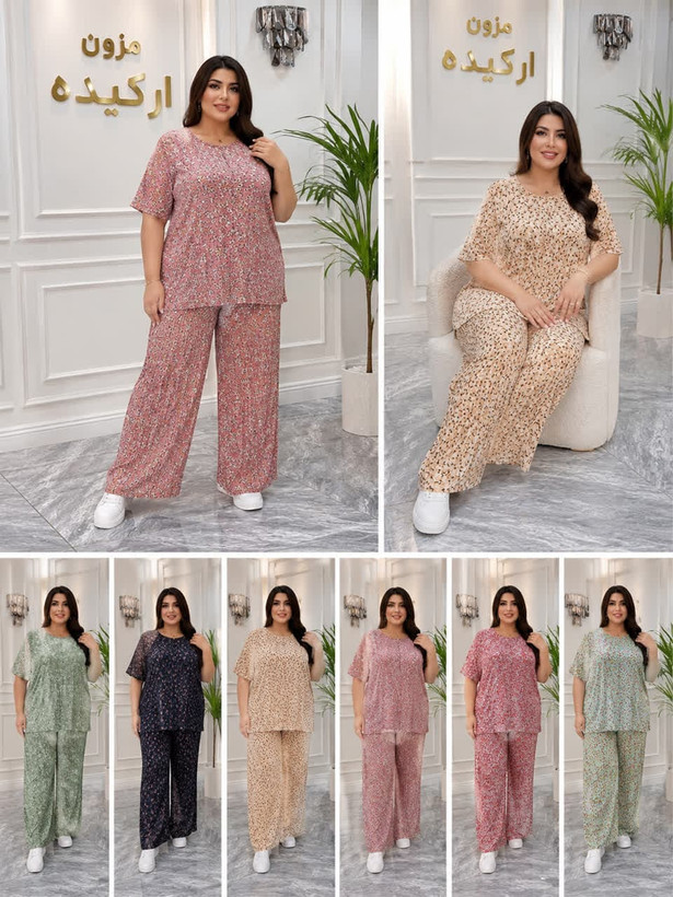 ست تیشرت و شلوار زنانه سایز بزرگ پلیسه وارداتی گلدار