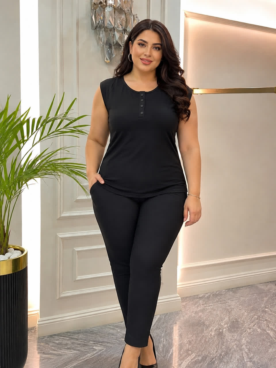 تاپ زنانه سایز بزرگ حلقه ای قاپکدار مشکی
